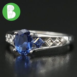 10K SOLID WHITE GOLD BLUE SAPPHIRE & GENUINE DIAMOND RING (6.5)